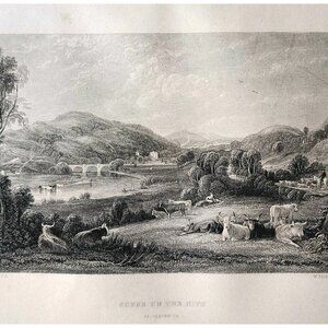 1844 Scene On Nith River Blackwood Engraving Victorian Scotland Animals DWSS21